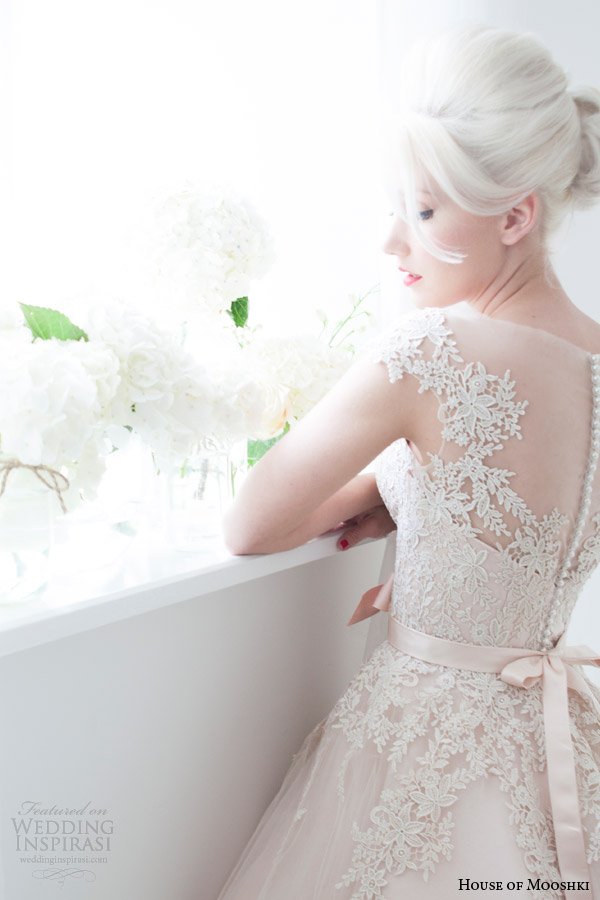 house of mooshki spring 2015 poppy blush tea length illusion cap sleeves short wedding dress lace detail