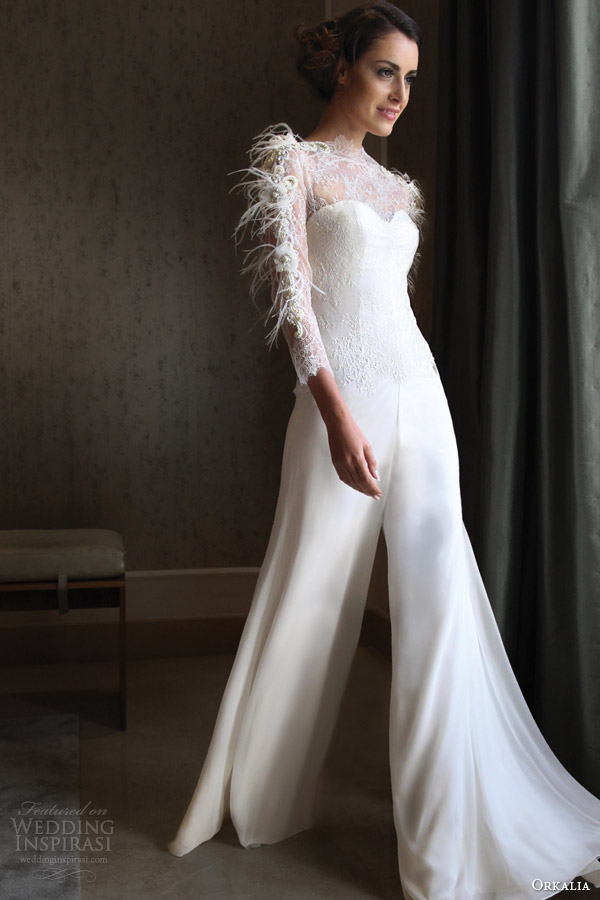 orkalia couture fall 2014 long sleeve wedding dress with feather accents