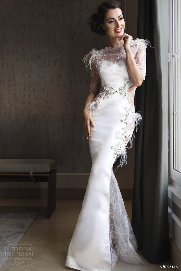 orkalia couture fall 2014 wedding dress illusion neckline sleeves