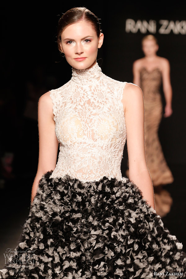 rani zakhem couture fall 2014 look 10 short halter neck lace bodice dress black skirt close up