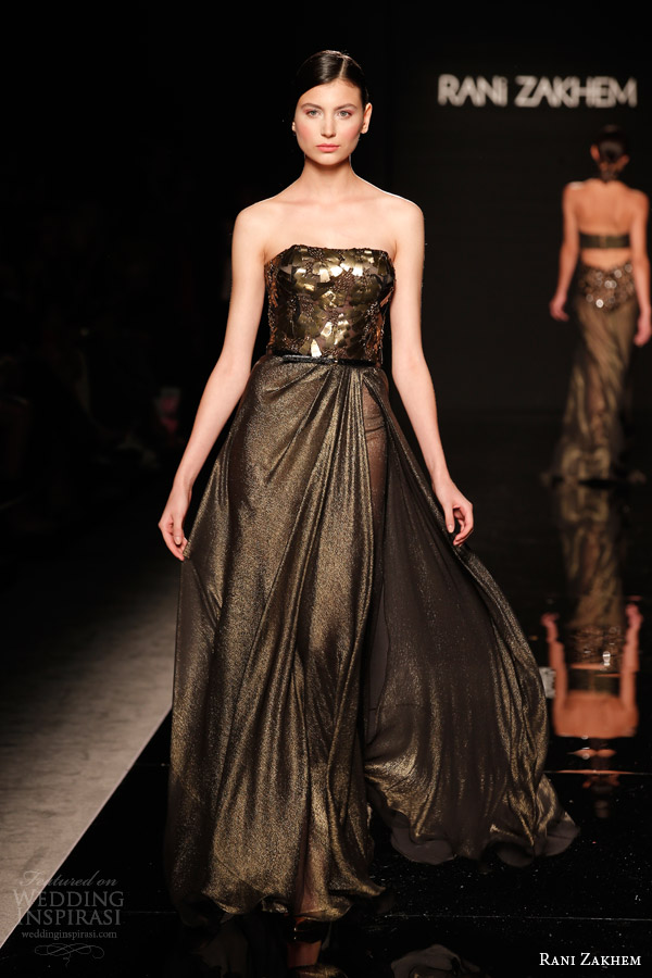 rani zakhem couture fall 2014 look 13 strapless gold flecked dress