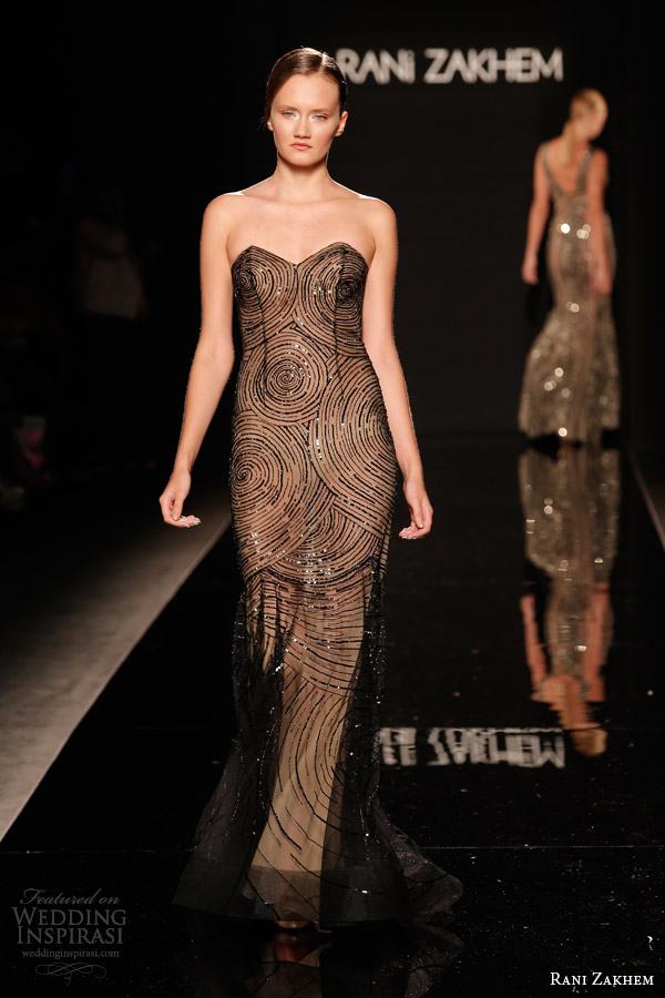 rani zakhem couture fall 2014 look 15 strapless sheath dress black overlay