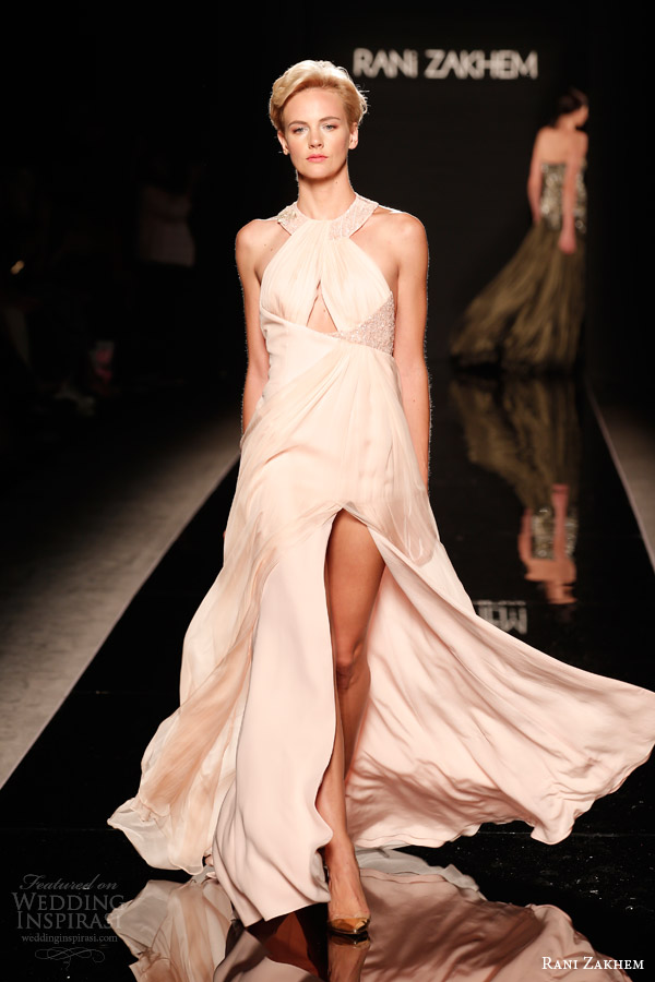 rani zakhem couture fall 2014 look 17 sleeveless halter neckline gown with slit keyhole