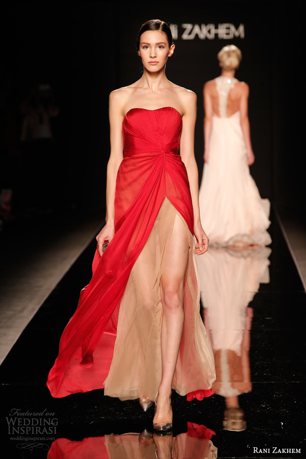 rani zakhem couture fall 2014 look 18 strapless red gown nude underlay slit