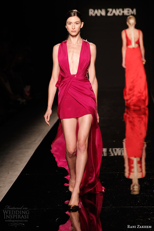 rani zakhem couture fall 2014 look 20 high to low sleeveless raspberry dress plunging neckline