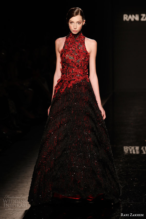 rani zakhem couture fall 2014 look 23 sleeveless halter neck red black ball gown