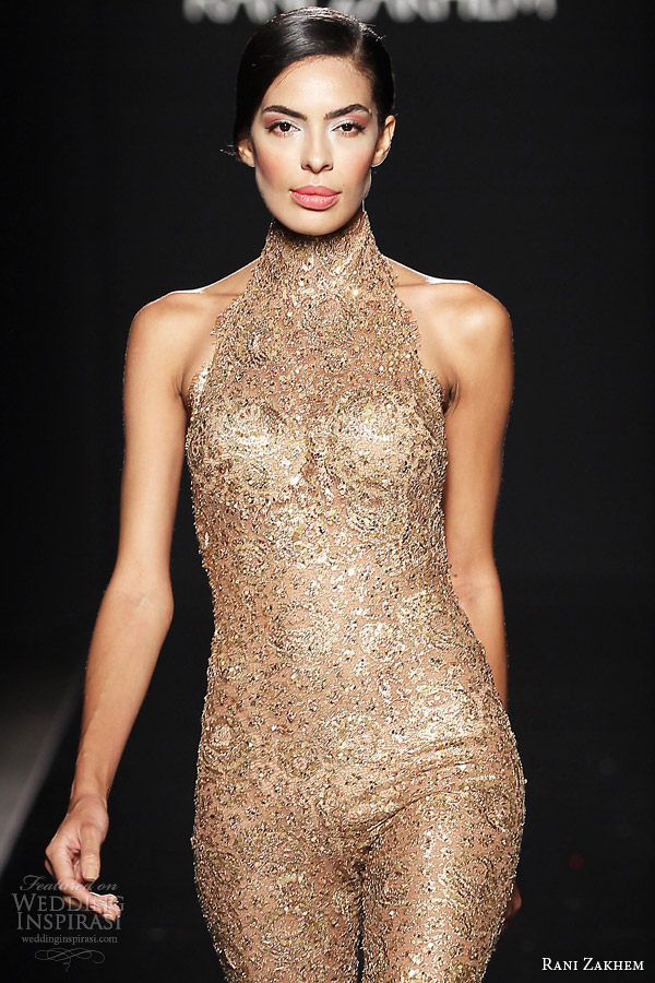 rani zakhem couture fall 2014 look 24 sleeveless halter neck gold playsuit close up