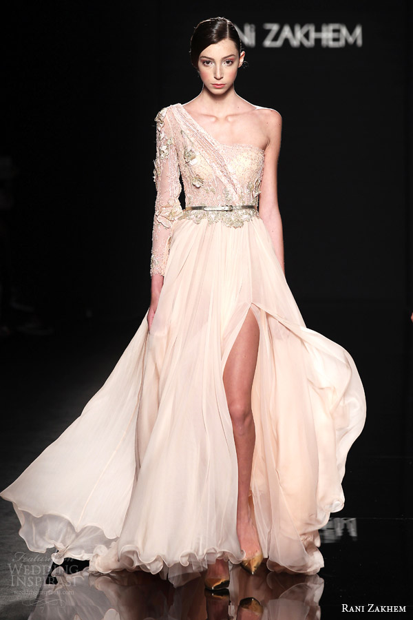 rani zakhem couture fall 2014 look 4 one shoulder long sleeve gown