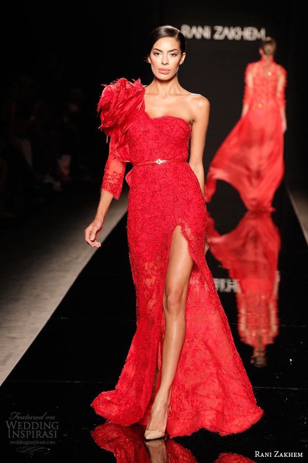 rani zakhem couture fall 2014 look 6 one shoulder red lace dress