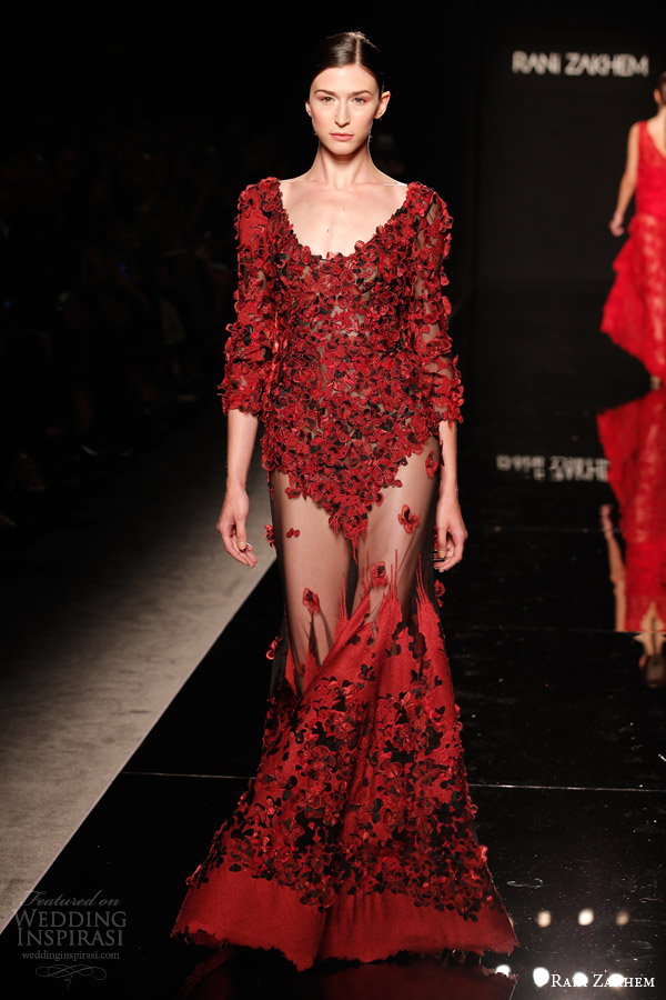 rani zakhem couture fall 2014 look 8 red long sleeve dress sheer skirt