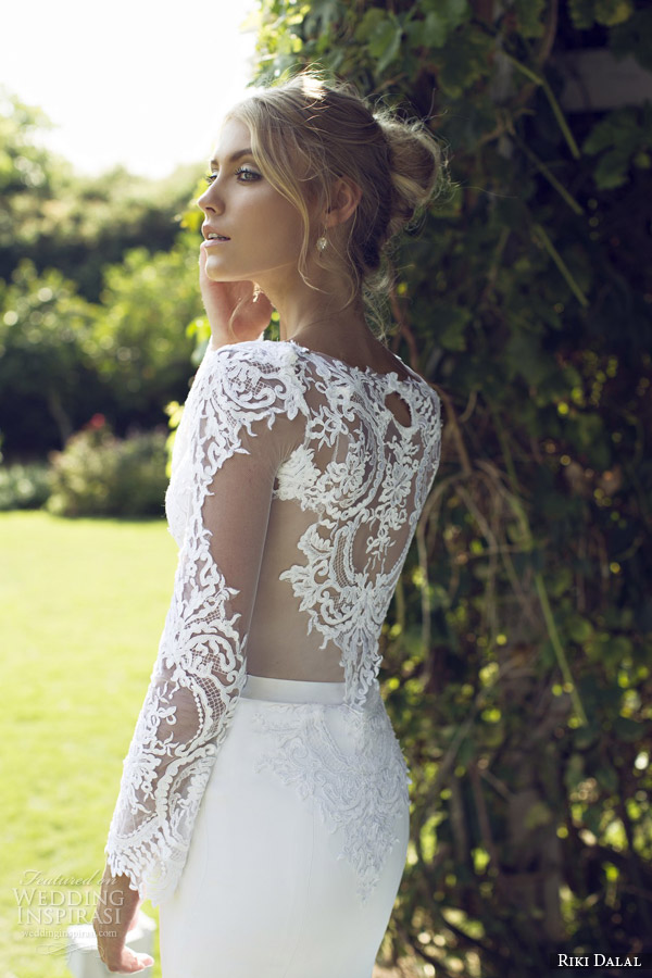 riki dalal 2015 provence illusion long sleeve wedding dress 1505 back view close up
