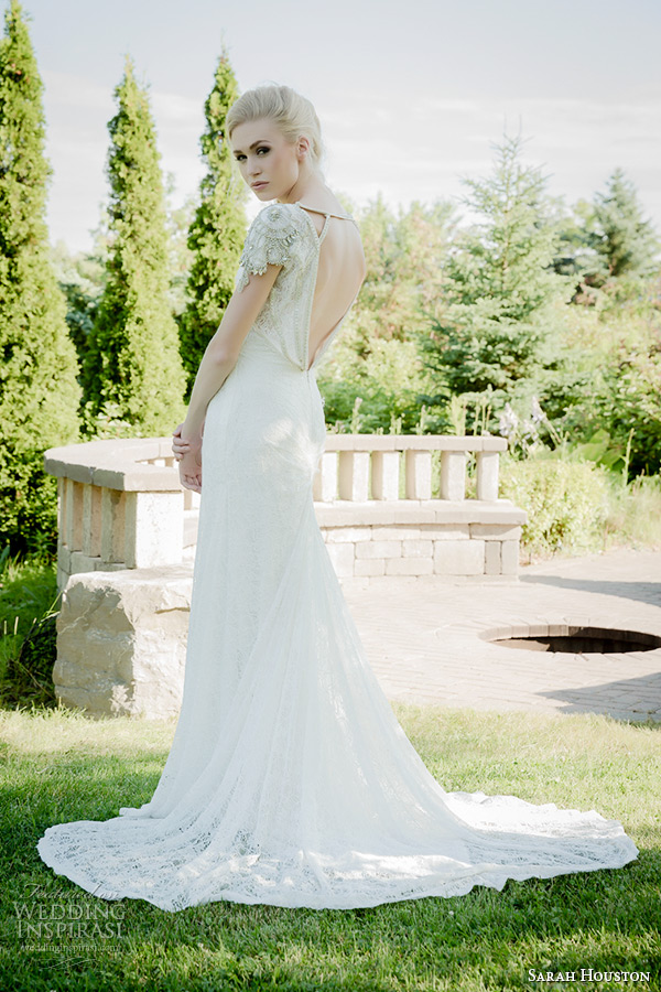 sarah houston 2015 bridal collection short sleeves sheath column wedding dress heirloom