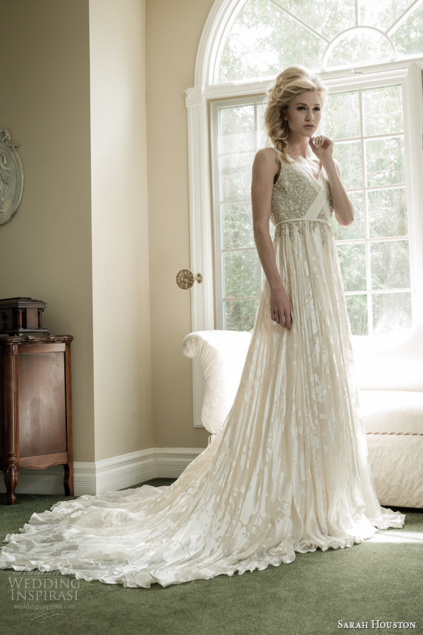 sarah houston 2015 bridal collection v neckline off white column wedding dress monaco