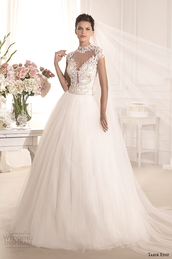 tarik ediz 2014 bridal collection high neck illusion sweetheart a line wedding dress 1 esterado g1138