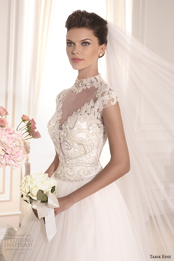 tarik ediz 2014 bridal collection high neck illusion sweetheart a line wedding dress front zoom esterado g1138