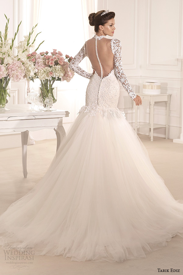 tarik ediz 2014 bridal collection high neck long sleeves lace mermaid wedding dress back