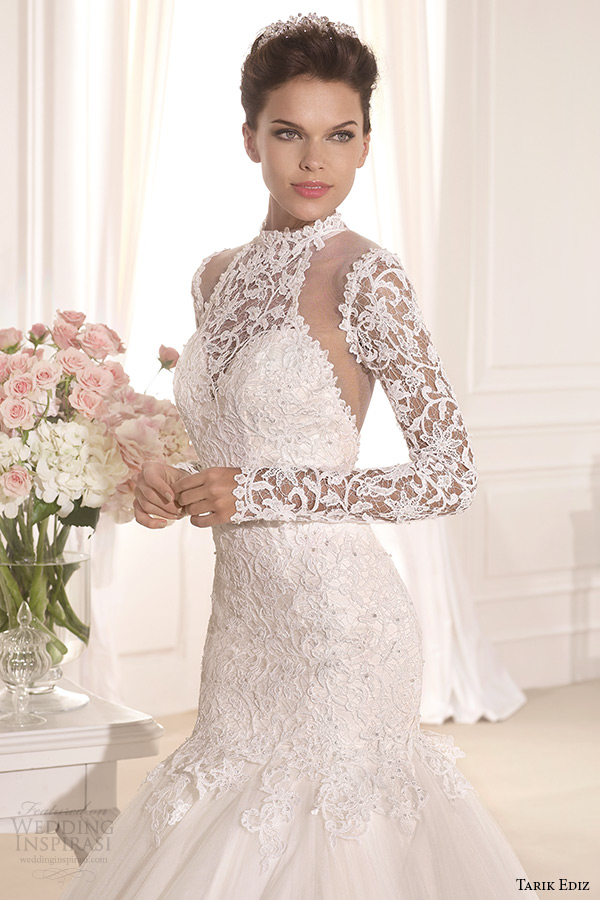 tarik ediz 2014 bridal collection high neck long sleeves lace mermaid wedding dress front zoom 