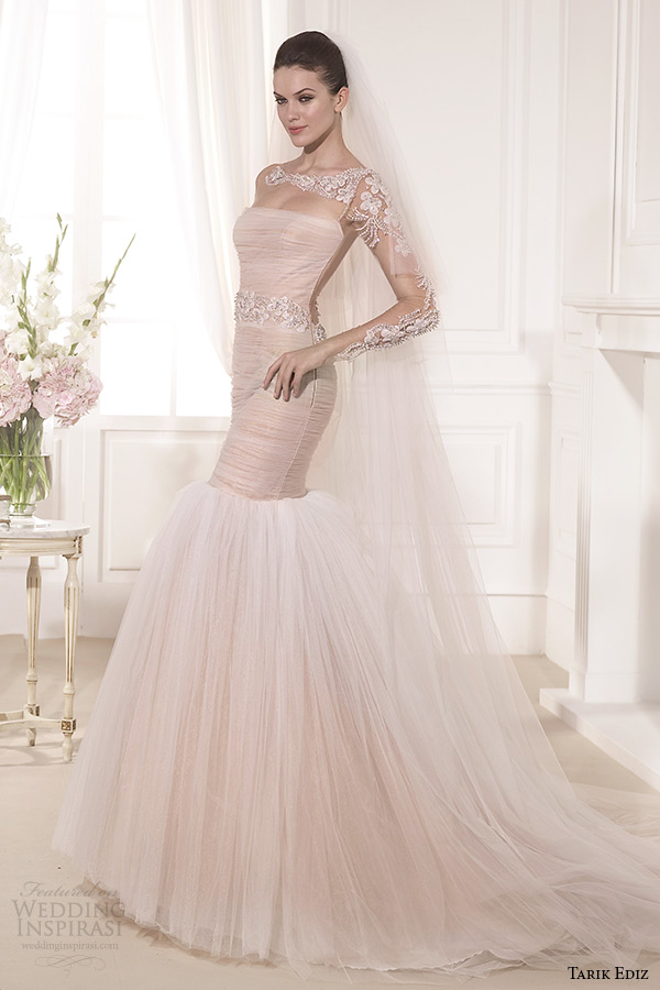 tarik ediz 2014 bridal collection illusion long sleeves blush fit and flare wedding dress 1 lilyum