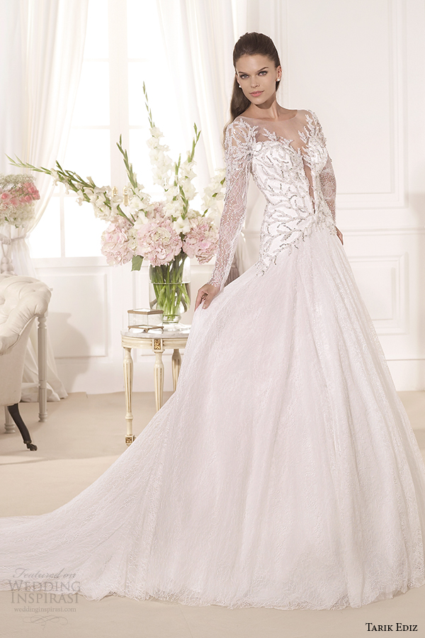 tarik ediz 2014 bridal collection illusion neckline long sleeves a line wedding dress 1 hazan