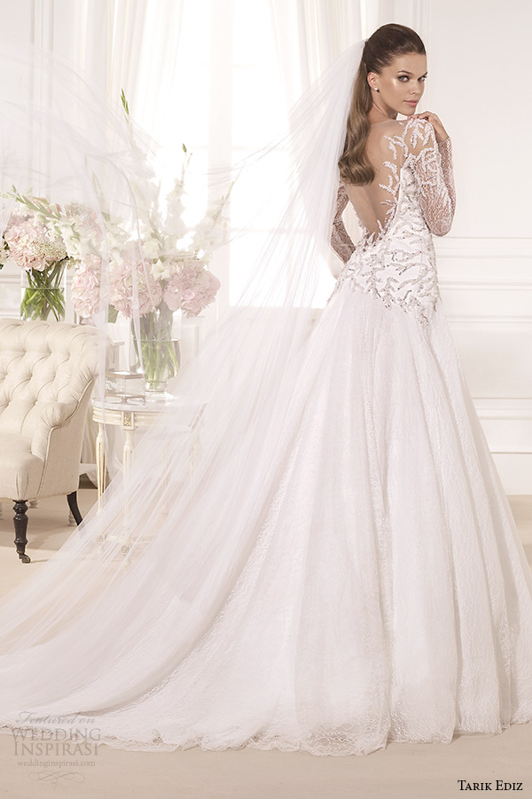 tarik ediz 2014 bridal collection illusion neckline long sleeves a line wedding dress back hazan