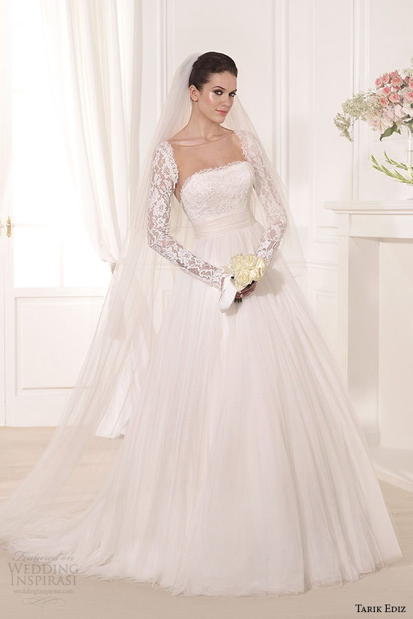tarik ediz 2014 bridal collection lace bolero long sleeves straight across a line wedding dress 1 krizantem