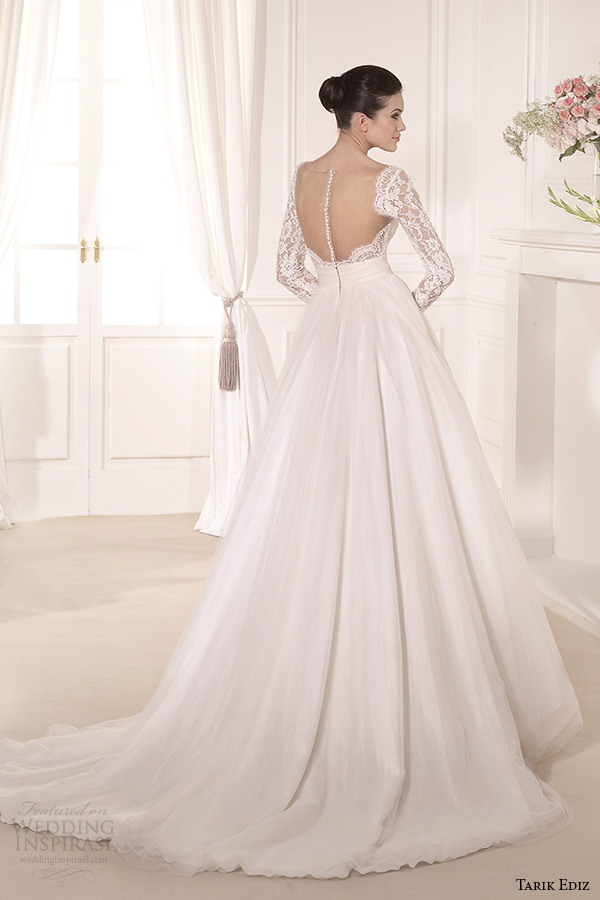 tarik ediz 2014 bridal collection lace bolero long sleeves straight across a line wedding dress back krizantem