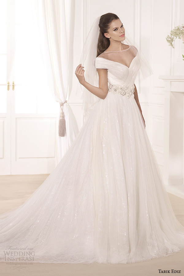 tarik ediz 2014 bridal collection off the shoulder illusion neckline a line wedding dress kamelya