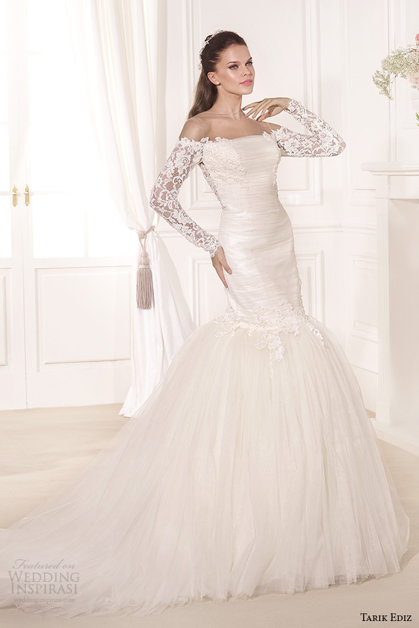 tarik ediz 2014 bridal collection off the shoulder lace long sleeves trumpet wedding dress 1 hercai