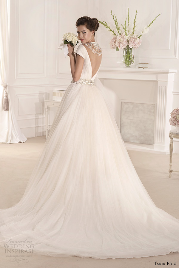 tarik ediz 2014 bridal collection off the shoulder v neck short sleeve a line wedding dress back mimoza