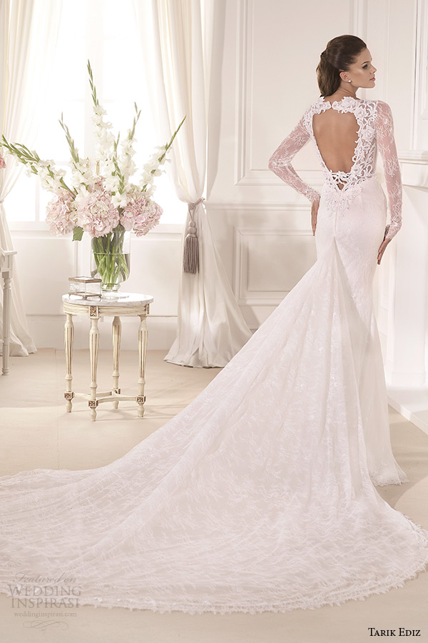 tarik ediz 2014 bridal collection plunging neckline long sleeves sheath wedding dress mine back