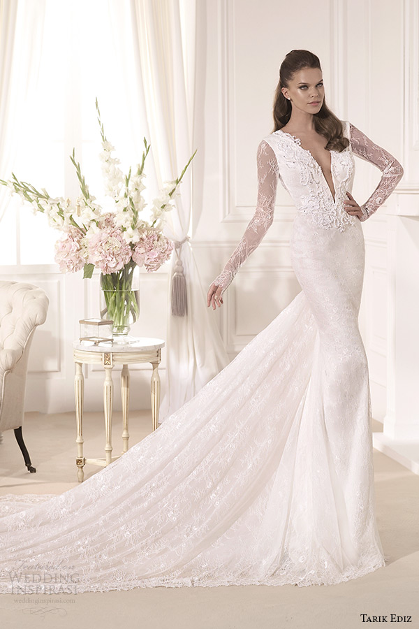 tarik ediz 2014 bridal collection plunging neckline long sleeves sheath wedding dress mine