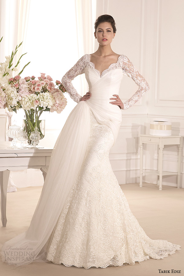 tarik ediz 2014 bridal collection v neck long sleeves trumpet wedding dress lavanta