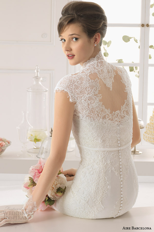 aire barcelona 2015 bridal amaya strapless lace wedding dress cap sleeve cover up illusion back