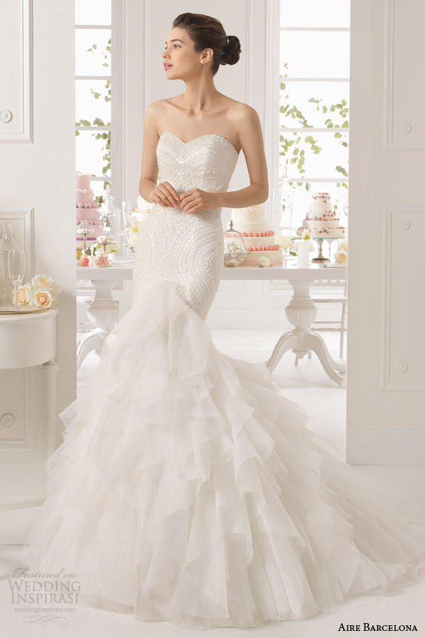 aire barcelona bridal 2015 alaska strapless wedding dress beaded bodice ruffle skirt