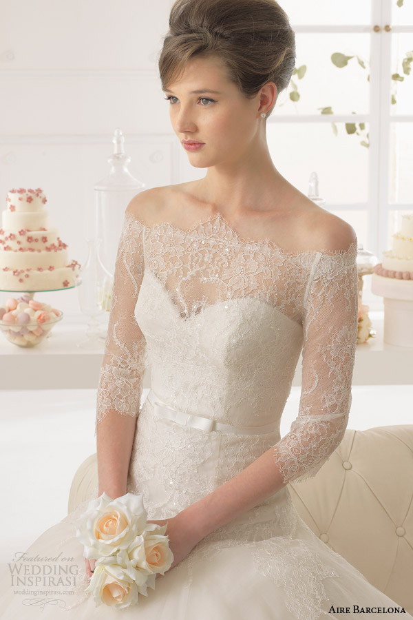 aire barcelona wedding dresses 2015 azorin strapless gown off shouder lace jacket sleeves