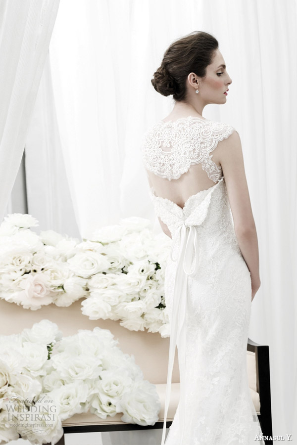 annasul y bridal 2015 cap sleeve lace sheath wedding dress side view ay2872b back detail close up