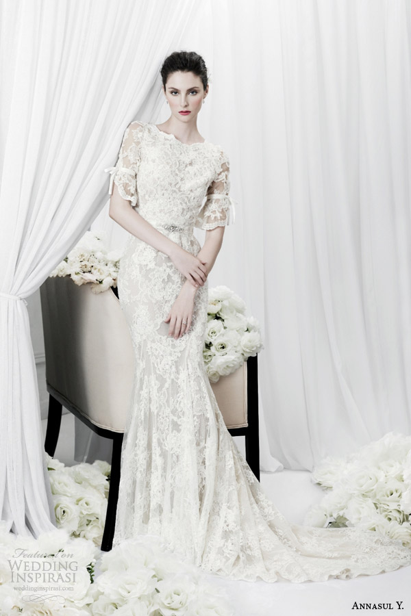 annasul y bridal 2015 lace sheath wedding dress half sleeves