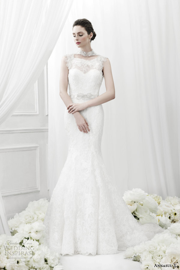 annasul y bridal 2015 lace sheath wedding dress jeweled neckline ay2884b