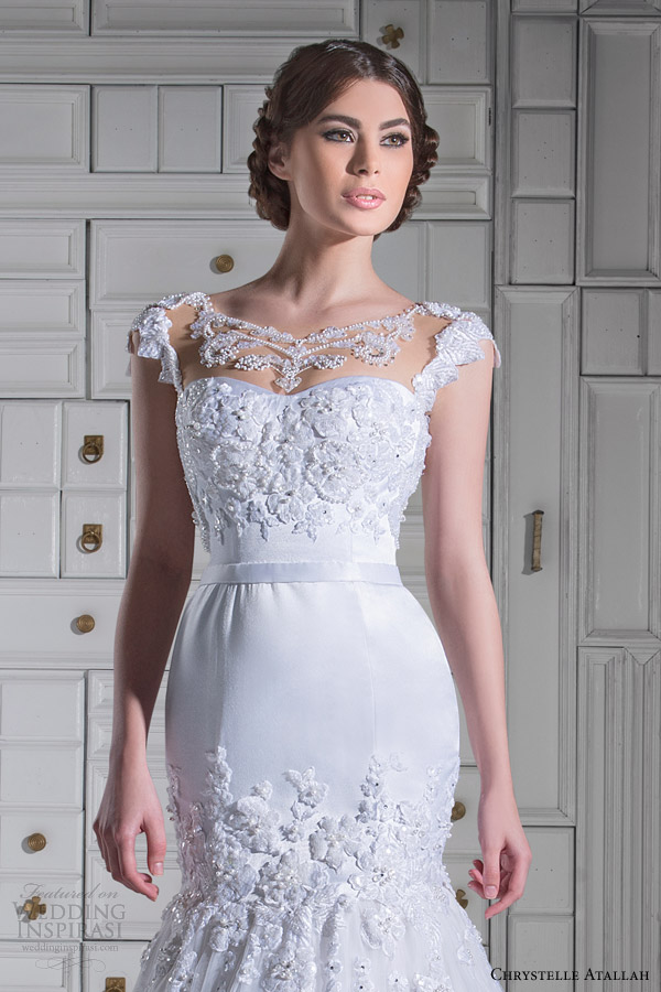 chrystelle atallah bridal spring 2014 cap sleeve mermaid wedidng dress illusion neckline close up