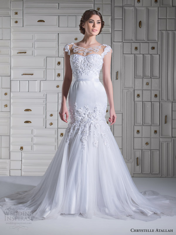 chrystelle atallah bridal spring 2014 cap sleeve mermaid wedidng dress illusion neckline