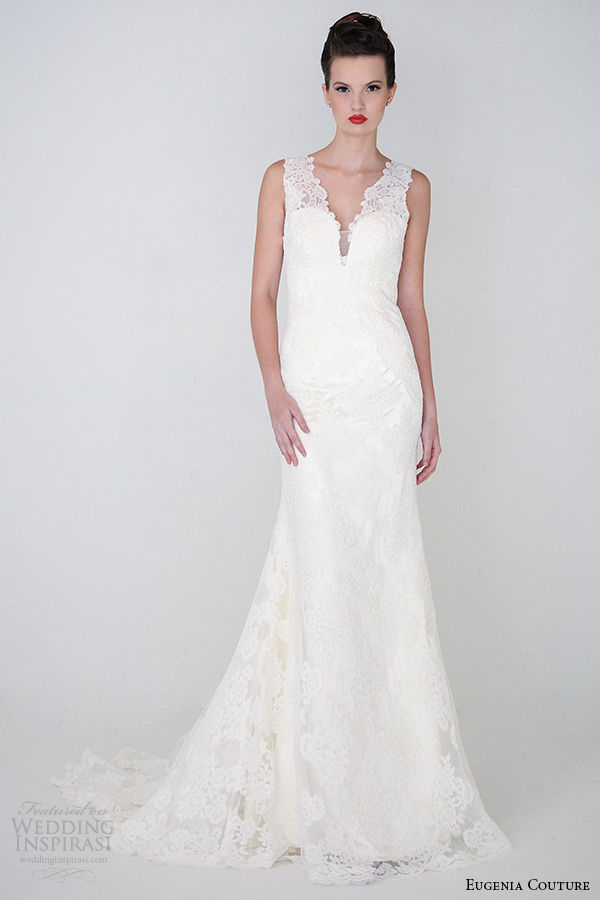 eugenia couture bridal spring 2015 collection lace strap v neck sheath wedding dress cora 3925