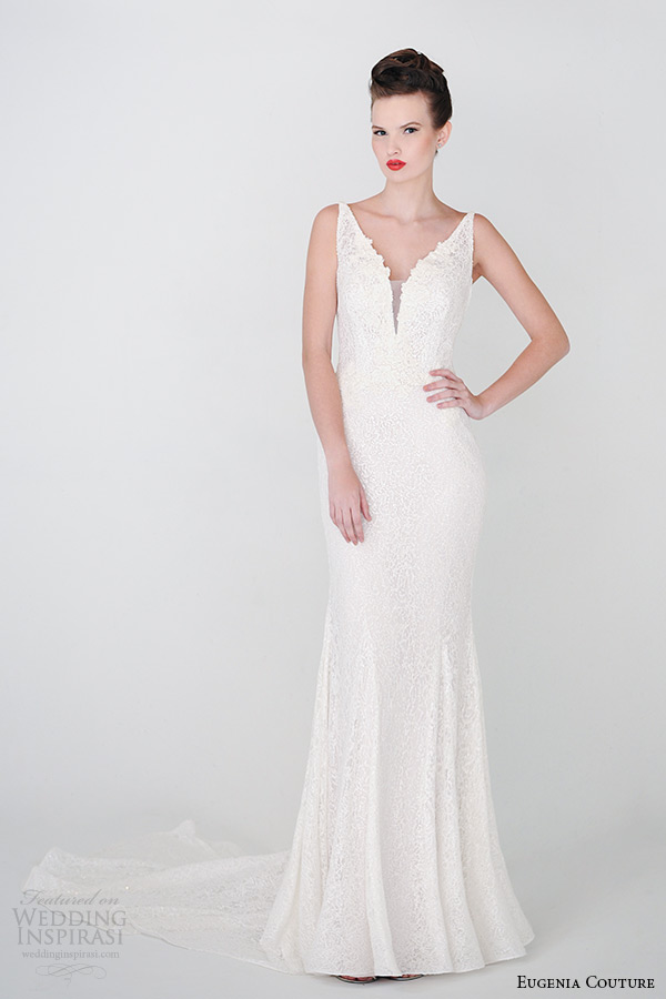 eugenia couture bridal spring 2015 collection lace strap v neck sheath wedding dress daphne 3927