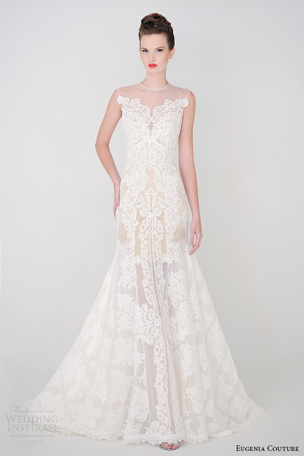 eugenia couture bridal spring 2015 collection sheer neckline sleevless lace a line sheath wedding dress eva 3924