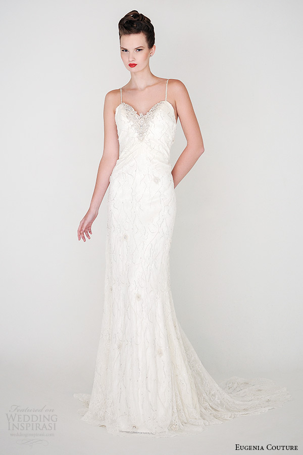 eugenia couture spring 2015 collection spagetti strap heartshape neckline sheath wedding dress isabella 3932