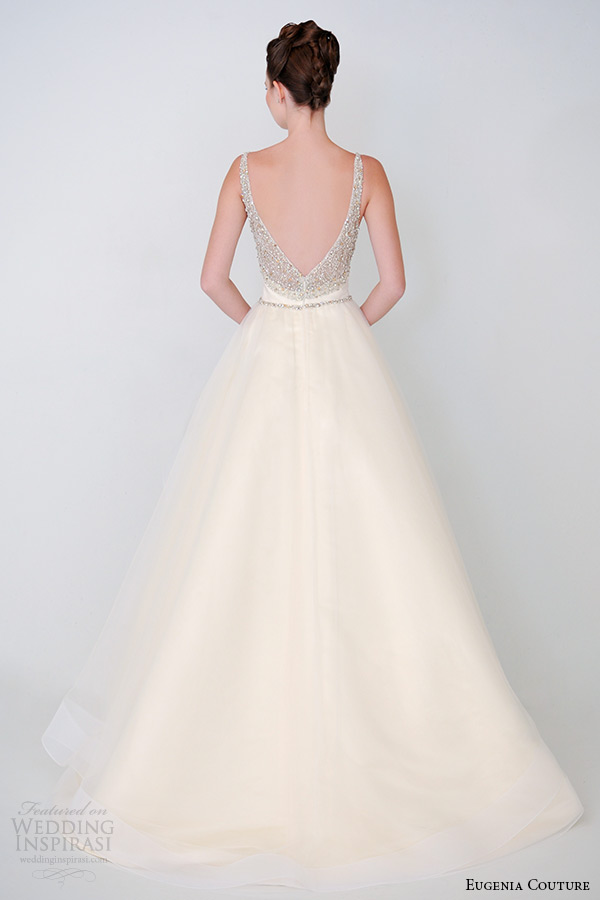 eugenia couture spring 2015 collection strap cream color sheer layered a line wedding dress bridget 3931 back