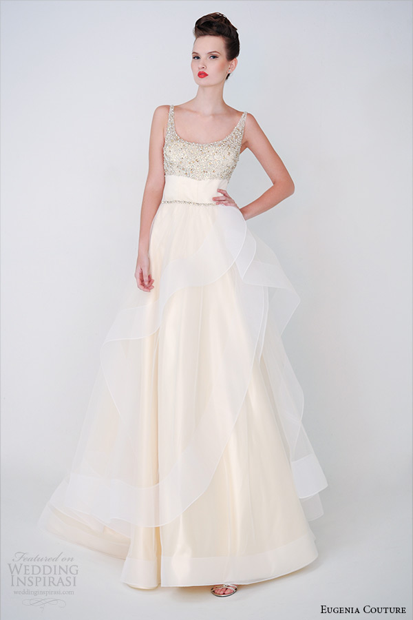 eugenia couture spring 2015 collection strap cream color sheer layered a line wedding dress bridget 3931