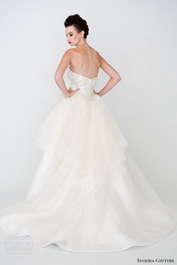 eugenia couture spring 2015 collection strapless peplum tiered a line wedding dress elsa 3928 back