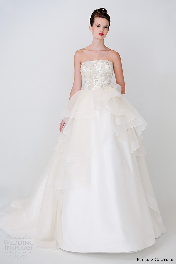 eugenia couture spring 2015 collection strapless peplum tiered a line wedding dress elsa 3928