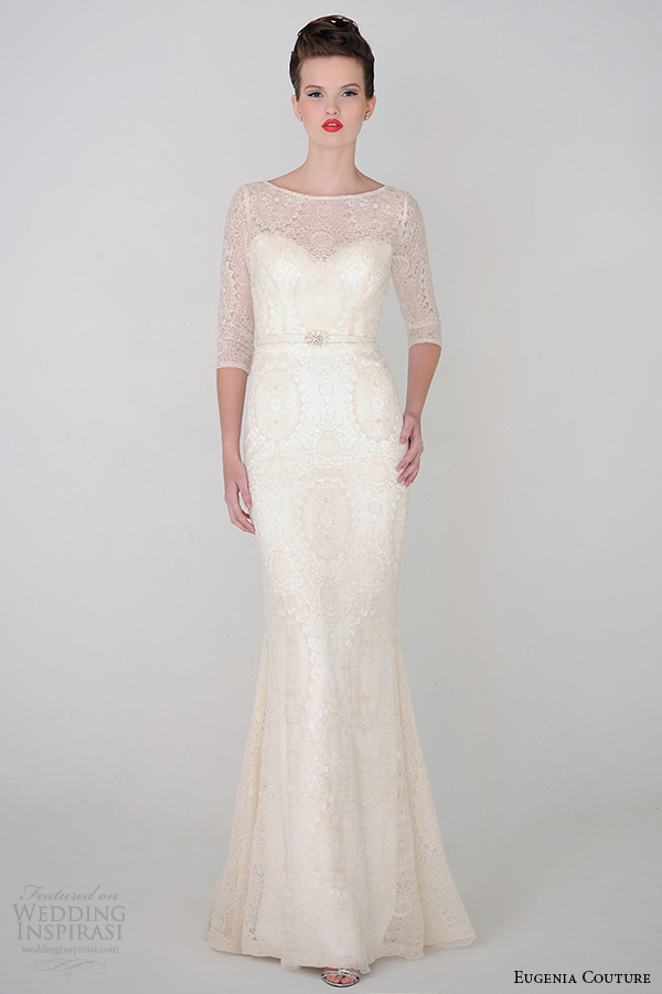 eugenia couture spring 2015 collection three quarter sleeve scoop neckline sheath wedding dress anastasia 3929