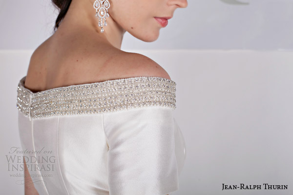 jean ralph thurin bridal spring 2015 rosana off shoulder short wedding dress detail close up